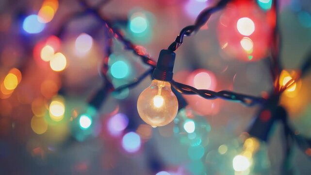 Colorful string lights on a white background with colorful bokeh and glow, Generative AI Videos.