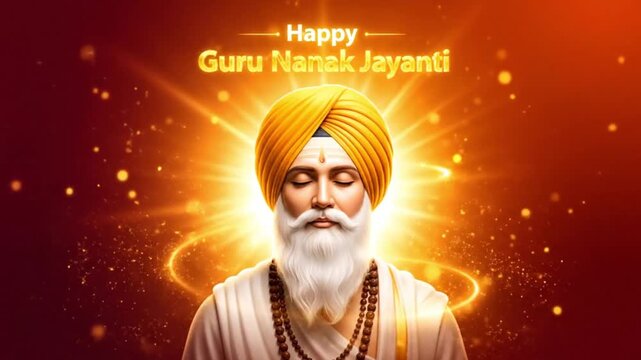 Happy Guru Nanak Jayanti A Celebratory Illustration of the Revered Sikh Guru in Radiant Light