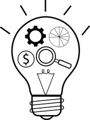 Light bulb with business icons isolated on white background represents ideas