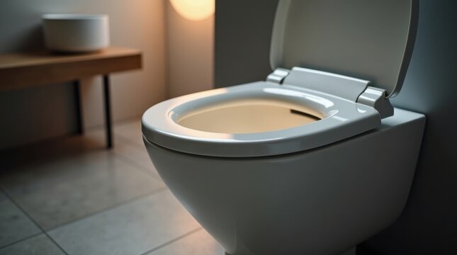 Inodoro de cer&aacute;mica moderno, asiento levantado, sombras sutiles, iluminaci&oacute;n ambiental tenue, interior de ba&ntilde;o minimalista