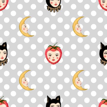 Seamless pattern of cute devils and angels, tattoos, people in strawberries, moon, circus, hand drawn illustration for kids
