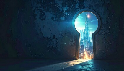 Unlock the secrets of a futuristic cityscape viewed through a surreal, glowing keyhole, revealing a world of innovation and mystery