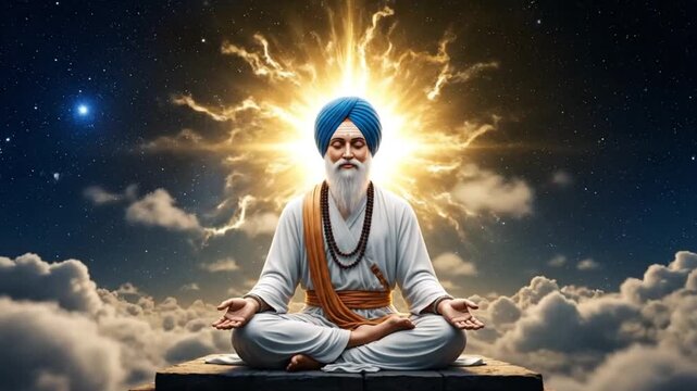 Guru Nanak Dev Ji meditating peacefully surrounded by a divine golden aura and swirling clouds