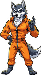 Cool Cartoon Wolf Character in Orange Suit on White Background