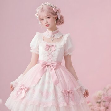 4k high quality Ai generative HD photo realistic background cute kawaii clothes clothing lolita bow ribbon silk dress design maid lace cosplay pink blue white satin pretty human living girl doll