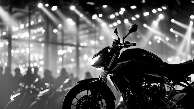 Exhibition hall filled with motorcycles of modern design, dramatic spotlights focused on each row, crowd silhouettes in the background