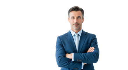 Confident businessman standing with arms crossed, isolated on transparent background