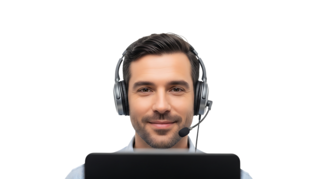 Smiling man with headset and laptop isolated on transparent background