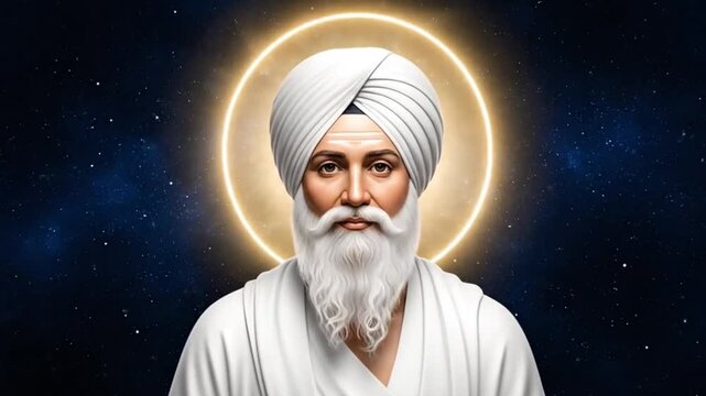 Guru Nanak Dev Ji Spiritual Portrait with Glowing Halo on a Cosmic Backdrop