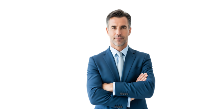 Confident businessman standing with arms crossed, isolated on transparent background