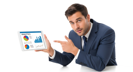 Businessman pointing at financial chart on tablet isolated on transparent background