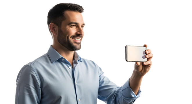 Smiling man holding a smartphone isolated on transparent background