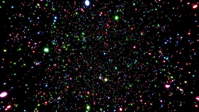 Parallax effect of glowing colored particles rotating seamlessly against a black background 3d render. Looping abstract rotating particle overlay for greetings, holidays, weddings, awards, Christmas