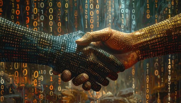 Digital handshake representing global connection and technological advancement in a binary code environment