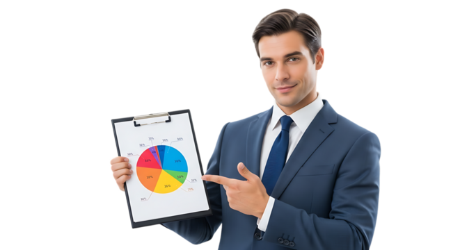 Businessman pointing to pie chart isolated on transparent background