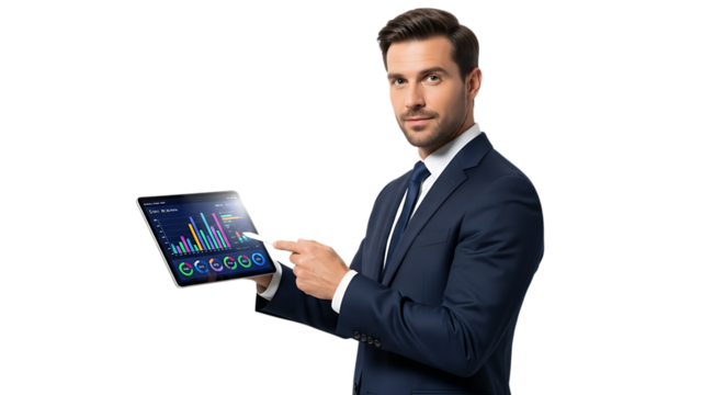 Businessman pointing at a tablet with financial charts isolated on transparent background