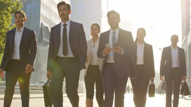 A Group of Professionals Walking Confidently in a Modern Urban Environment