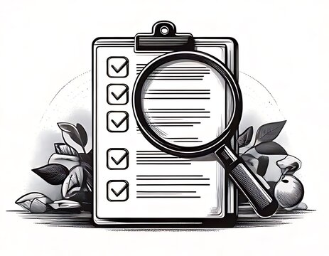 Inspection Checklist with Magnifying Glass and Plant Illustration.