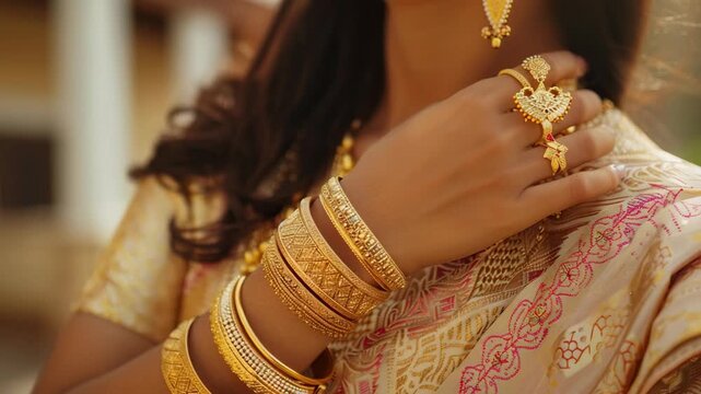 An akshaya tritiya photoshoot, gold bracelets accessories, varying in designs, dainty & simple designs, Generative AI Videos.
