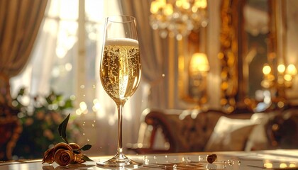 A pristine flute of golden champagne, adorned with a delicate stream of bubbles, rests elegantly in a lavish, sun-drenched room, evoking a sense of opulence and celebration