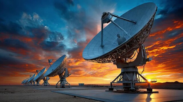 Celestial Whispers: A panoramic view of satellite dishes poised against a dramatic, sunset sky, symbolizing communication and the exploration of the cosmos.