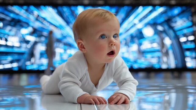 Curious Toddler in the futuristic setting: A young infant, with wide-eyed wonder, explores the sleek, luminous surfaces of a high-tech environment, as if on the cusp of discovery.