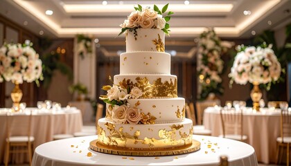 An elegant, multi-tiered wedding cake adorned with delicate sugar flowers and shimmering gold leaf accents, perfect for a celebratory occasion