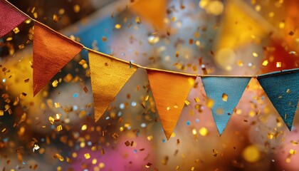 Brazilian Fiesta: Festa Junina Celebration In Yellow And Orange With Bunting Flags And Golden Confetti Tinsel. Vibrant Party Invitation Poster