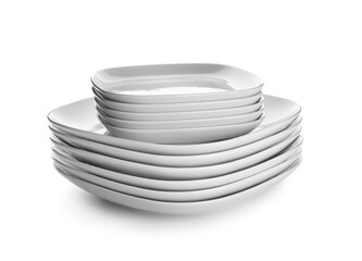 Set of clean dishes isolated on white background, closeup