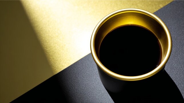 topdown. Minimalist coffee cup on a sleek gold-black surface, embodying simplicity and modern design. bar promotions, beverage menus, designed for product packaging and bar promotions.
