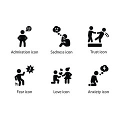 Admiration, Sadness, Trust, Fear, Love, Anxiety, Black icon set