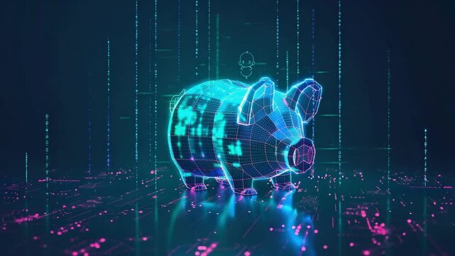 A sleek, minimalist design featuring a glowing digital piggy bank made of neon lines, Generative AI Videos.