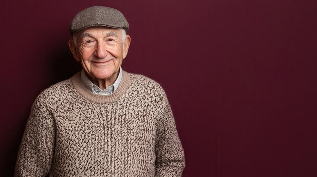 Elderly Man Smiling in Wool Sweater and Flat Cap Against Maroon Background