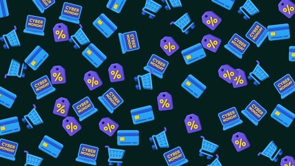 Seamless pattern cyber monday  with online shopping icons. Suitable for digital marketing promotions and ecommerce advertisements. Perfect for web banners.