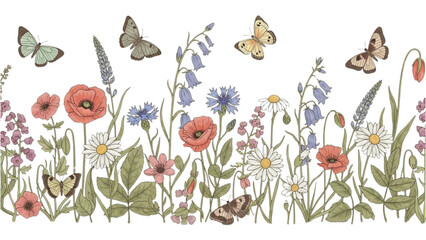 Beautiful hand-drawn illustration of a vibrant spring meadow with colorful wildflowers and elegant butterflies in a continuous border design