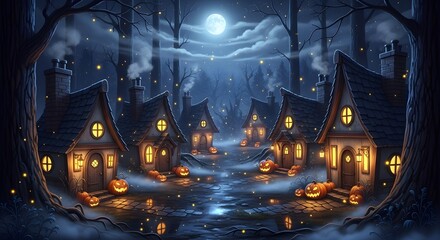 Halloween Village Night Spooky Forest, Pumpkin Lights, Moonlit Scene