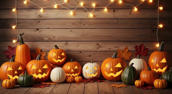 Halloween Pumpkins Decoration, Autumn Festive Lights, Wood Background