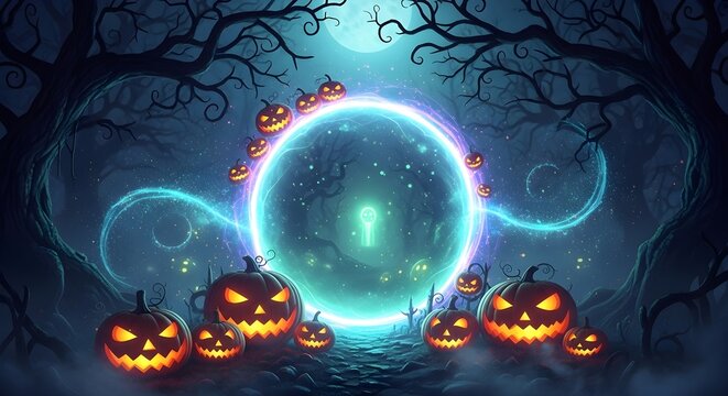 Halloween Portal Jack-o'-lanterns, Moon, Spooky Forest, Fantasy