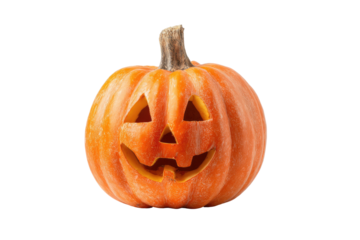 Carved orange gourd, smiling face with triangular eyes, a nose, and mouth on a black background