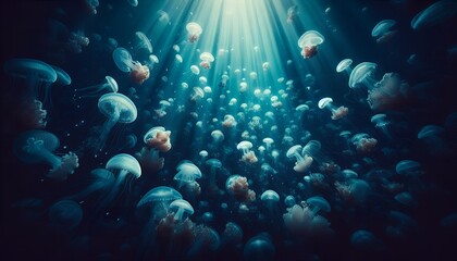 underwater scene with jeely fishes