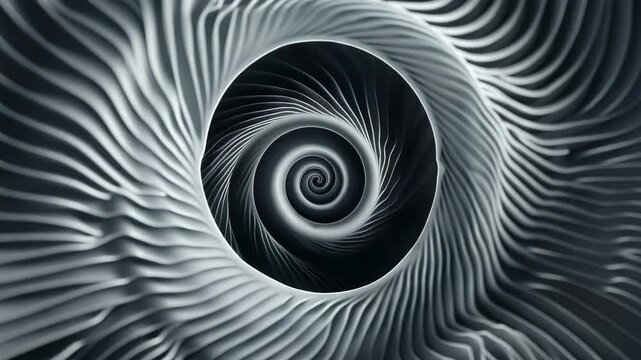 A pattern of thin, curved lines in varying shades of grey forms an abstract spiral or circular shape on the background, Generative AI Videos.