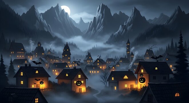 Halloween Village Night Spooky Town, Fog, Mountains, Moon
