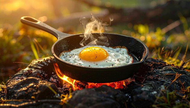 Delicious fried egg sizzling in a cast-iron skillet over a campfire, perfect for outdoor cooking and breakfast adventures