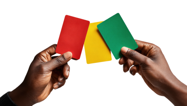 Two hands hold colorful cards, red, yellow, and green, over a black background