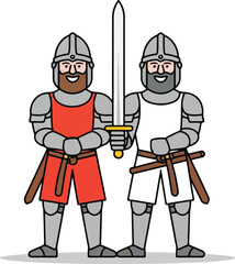 Vector cartoon illustration of a knight warrior with sword and shield in full armor.