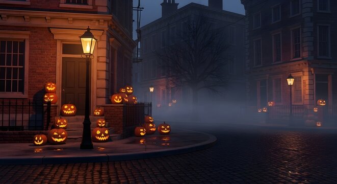 Halloween Night Scene Jack-o'-Lanterns, Spooky Street, Fog