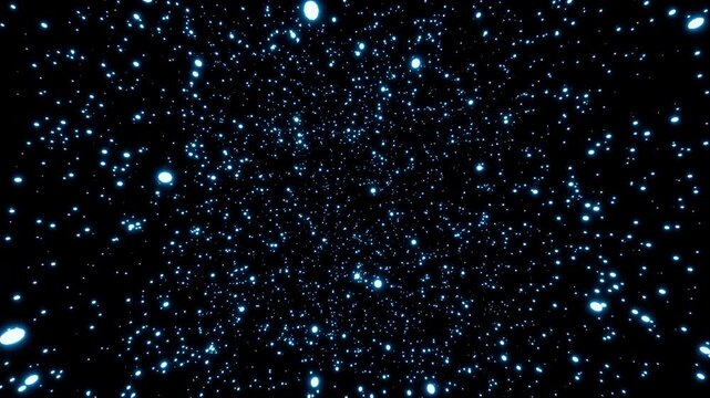 Parallax effect of glowing cyan particles rotating seamlessly against a black background 3d render. Looping abstract rotating particle overlay for greetings, holidays, weddings, awards, Christmas