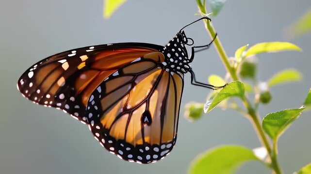 Macro Close-up of a Monarch Butterfly Resting on a Plant