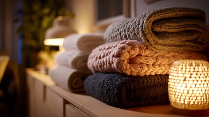 Modern living room with blanket on a dresser with a light candle, warm ambiance created by soft lighting and textured blankets 