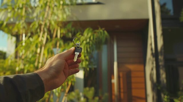 A locksmith holding a new key beside a modern door entrance in summertime, Generative AI Videos.